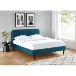 Lit Double ANDRE Velours Bleu Paon 160x200 Sommier Inclus 8 Lit Double ANDRE Velours Bleu Paon 160x200 Sommier Inclus -Meuble Déco Soldes andre160bup lit 160 velours sommier 160200cm velours bleu paon 1