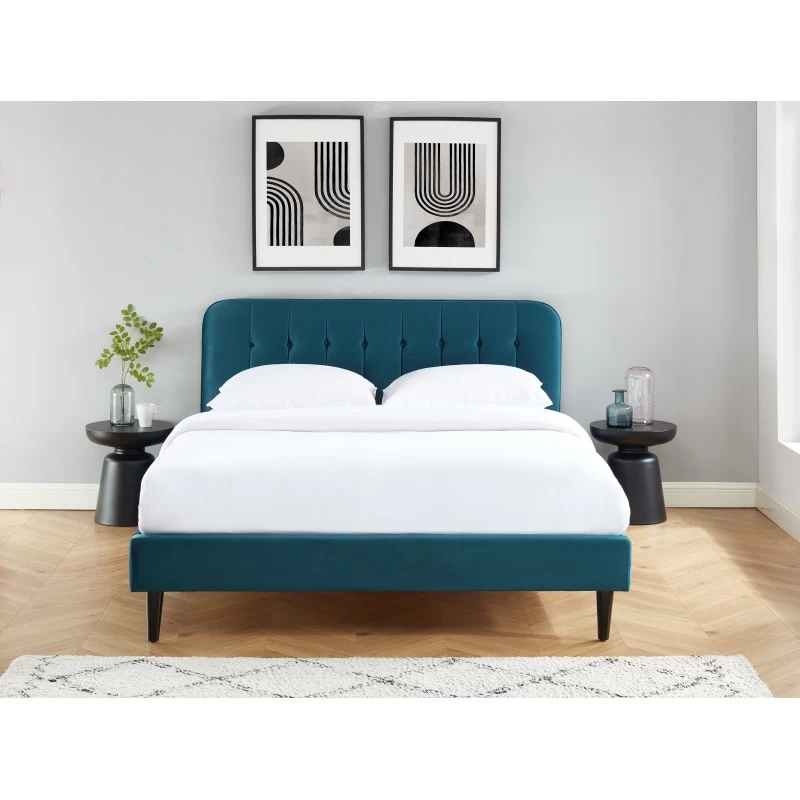 Lit Double ANDRE Velours Bleu Paon 160x200 Sommier Inclus 1 Lit Double ANDRE Velours Bleu Paon 160x200 Sommier Inclus