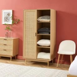 Armoire AMANA Effet Chêne Et Cannage Rotin 1 Porte H170 Cm -Meuble Déco Soldes armoire amana effet chene et cannage rotin 1 porte h170 cm 1