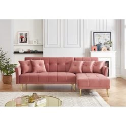 Canapé D'angle AROMA Convertible Velours Vieux Rose 5 Places