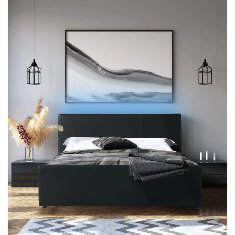Lit Coffre à Led ASTRA Simili Noir 140x190 Sommier Inclus 1 Lit Coffre à Led ASTRA Simili Noir 140x190 Sommier Inclus
