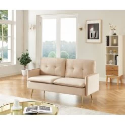 Canapé Droit ADAM Fixe Velours Beige -Meuble Déco Soldes canape adam velours beige pied en metal dore 2 pl 5