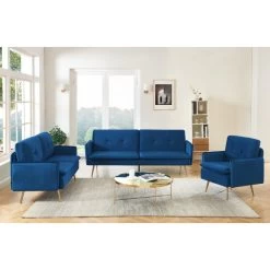 Canapé Droit ADAM Fixe Velours Bleu Marine -Meuble Déco Soldes canape adam velours bleu marine pied en metal dore 2 pl 6