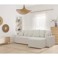 Canapé D'angle ALMA Convertible Tissu Bouclette Blanc 4 Places -Meuble Déco Soldes canape angle alma convertible tissu bouclette blanc 4 places 7