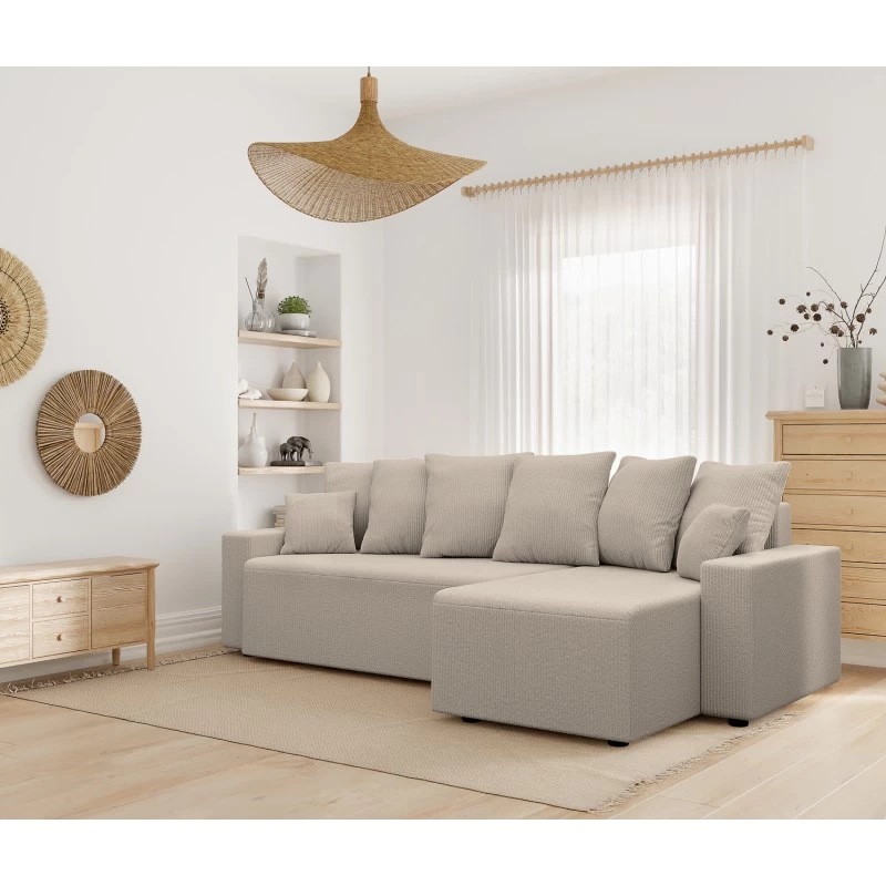 Canapé D'angle ALMA Convertible Velours Côtelé Grège 4 Places 9 Canapé D'angle ALMA Convertible Velours Côtelé Grège 4 Places – Image 9