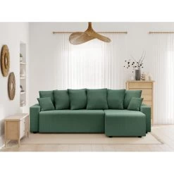 Canapé D'angle ALMA Convertible Velours Côtelé Vert 4 Places