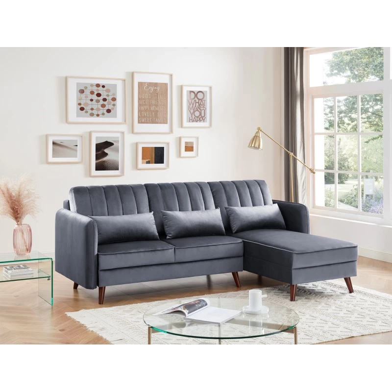 Canapé D'angle IDAHO En Velours Gris Fixe 1 Canapé D'angle IDAHO En Velours Gris Fixe