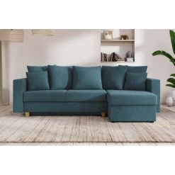 Canapé D'angle KRISTI Convertible Tissu Bleu Paon 4 Places