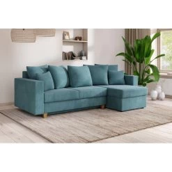 Canapé D'angle KRISTI Convertible Velours Côtelé Bleu Clair 4 Places -Meuble Déco Soldes canape angle kristi convertible velours cotele bleu clair 4 places 7