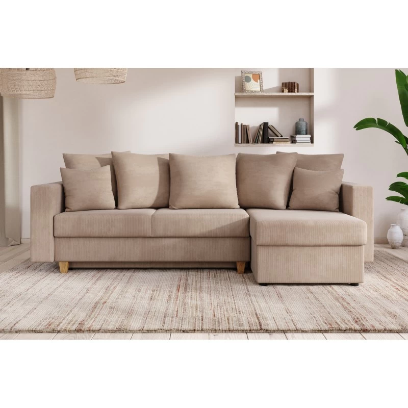 Canapé D'angle KRISTI Convertible Velours Côtelé Grège 4 Places 1 Canapé D'angle KRISTI Convertible Velours Côtelé Grège 4 Places