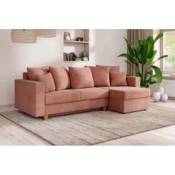 Canapé D'angle KRISTI Convertible Velours Côtelé Rose 4 Places -Meuble Déco Soldes canape angle kristi convertible velours cotele rose 4 places 7