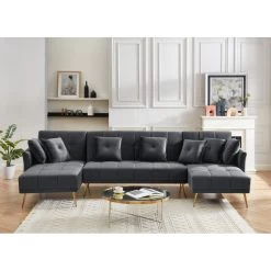 Canapé Panoramique AROMA Convertible En Velours Anthracite 6 Places