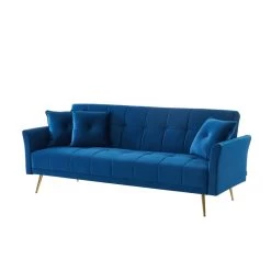 Canapé AROMA Droit Et Convertible En Velours Bleu -Meuble Déco Soldes canape aroma velours bleu droit 4