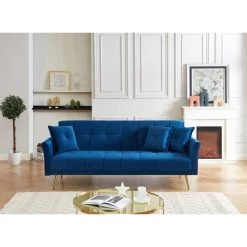 Canapé AROMA Droit Et Convertible En Velours Bleu -Meuble Déco Soldes canape aroma velours bleu droit 5