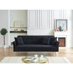 Canapé AROMA Droit Et Convertible En Velours Noir -Meuble Déco Soldes canape aroma velours noir droit 2