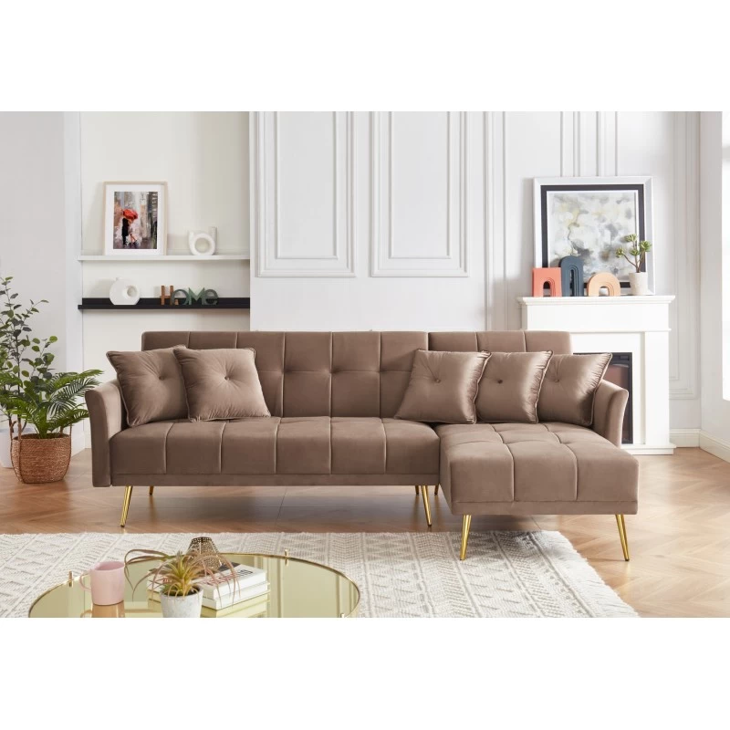 Canapé D'angle AROMA Convertible 5 Places Velours Taupe 1 Canapé D'angle AROMA Convertible 5 Places Velours Taupe