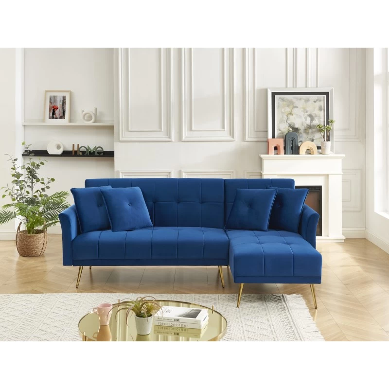 Canapé D'angle AROMA Convertible Velours Bleu 4 Places 1 Canapé D'angle AROMA Convertible Velours Bleu 4 Places