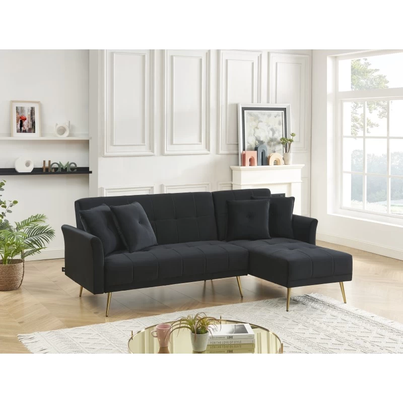 Canapé D'angle AROMA Convertible Velours Noir 4 Places 7 Canapé D'angle AROMA Convertible Velours Noir 4 Places – Image 7