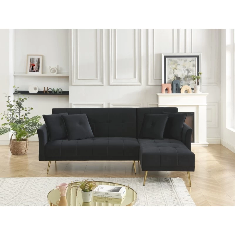 Canapé D'angle AROMA Convertible Velours Noir 4 Places 1 Canapé D'angle AROMA Convertible Velours Noir 4 Places