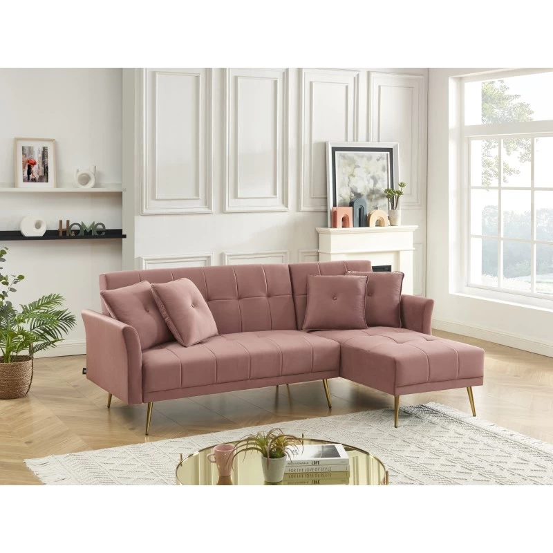 Canapé D'angle AROMA Convertible Velours Rose 4 Places 7 Canapé D'angle AROMA Convertible Velours Rose 4 Places – Image 7