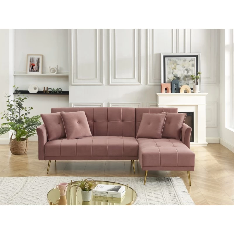 Canapé D'angle AROMA Convertible Velours Rose 4 Places 1 Canapé D'angle AROMA Convertible Velours Rose 4 Places