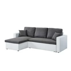 Canapé D'angle ASPEN Convertible, Réversible Et Coffre En Tissu Gris Et PU Blanc -Meuble Déco Soldes canape d angle aspen convertible reversible et coffre en tissu gris et pu blanc 2