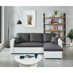 Canapé D'angle ASPEN Convertible, Réversible Et Coffre En Tissu Gris Et PU Blanc