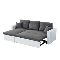 Canapé D'angle ASPEN Convertible, Réversible Et Coffre En Tissu Gris Et PU Blanc -Meuble Déco Soldes canape d angle aspen convertible reversible et coffre en tissu gris et pu blanc 3