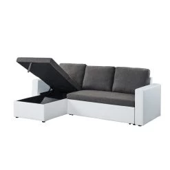 Canapé D'angle ASPEN Convertible, Réversible Et Coffre En Tissu Gris Et PU Blanc -Meuble Déco Soldes canape d angle aspen convertible reversible et coffre en tissu gris et pu blanc 4