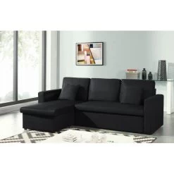 Canapé D'angle ASPEN Convertible, Réversible Et Coffre En Tissu Noir -Meuble Déco Soldes canape d angle aspen convertible reversible et coffre en tissu noir 2