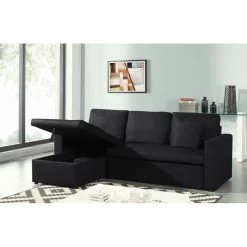 Canapé D'angle ASPEN Convertible, Réversible Et Coffre En Tissu Noir -Meuble Déco Soldes canape d angle aspen convertible reversible et coffre en tissu noir 4
