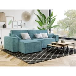 Canapé D'angle MIRA Convertible Et Réversible Velours Côtelé Bleu -Meuble Déco Soldes canape d angle mira convertible et reversible velours cotele bleu 4 places 5