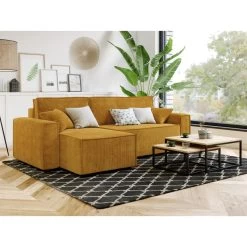 Canapé D'angle MIRA Convertible Et Réversible Velours Côtelé Moutarde -Meuble Déco Soldes canape d angle mira convertible et reversible velours cotele moutarde 6