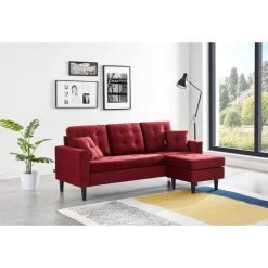 Canapé D'angle MIRISA En Velours Grenat Pieds Bois 4 Places Et 2 Coussins Inclus -Meuble Déco Soldes canape d angle mirisa velours grenat 3 places pieds bois 2 coussins inclus 4