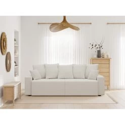 Canapé Droit ALMA Convertible Tissu Bouclette Blanc 3 Places