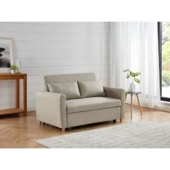 Canapé Droit LAURA En Tissu Beige Convertible 2 Places