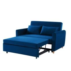 Canapé Droit LAURA En Velours Bleu Convertible 2 Places -Meuble Déco Soldes canape droit laura en velours bleu convertible 2 places 3