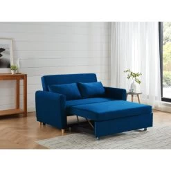 Canapé Droit LAURA En Velours Bleu Convertible 2 Places -Meuble Déco Soldes canape droit laura en velours bleu convertible 2 places 7