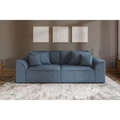 Canapé Droit MARTY Fixe Tissu Bouclette Bleu Gris 3 Places