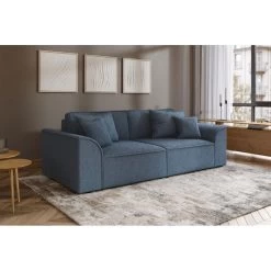 Canapé Droit MARTY Fixe Tissu Bouclette Bleu Gris 3 Places -Meuble Déco Soldes canape droit marty fixe tissu bclette bleu 3 places 6