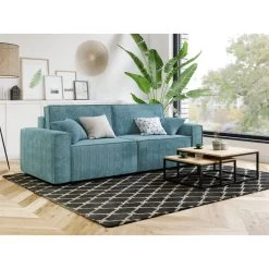 Canapé Droit MIRA Convertible Velours Côtelé Bleu -Meuble Déco Soldes canape droit mira convertible velours cotele bleu 3places 6