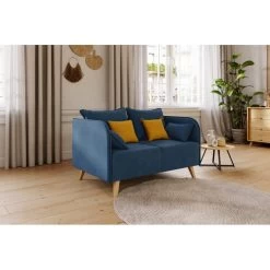 Canapé Droit SARAH Fixe Tissu Bleu 2 Places -Meuble Déco Soldes canape droit sarah fixe tissu bleu 2 places 5