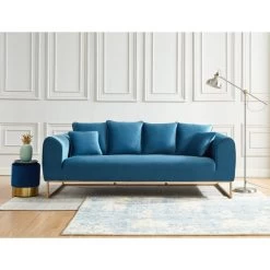 Canapé Droit VICTORIA Fixe Velours Bleu 3 Places