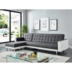 Canapé LUXURY XL Convertible Et Réversible PU Blanc Tissu Gris -Meuble Déco Soldes canape luxury xl convertible et reversible pu blanc tissu gris 2