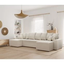 Canapé Panoramique ALMA Convertible Velours Côtelé Beige 6 Places -Meuble Déco Soldes canape panoramique alma convertible velours cotele beige 6 places 8