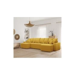 Canapé Panoramique ALMA Convertible Velours Côtelé Jaune 6 Places -Meuble Déco Soldes canape panoramique alma convertible velours cotele jaune 6 places 8