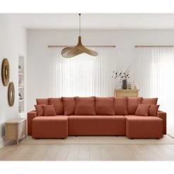 Canapé Panoramique ALMA Convertible Velours Côtelé Terracotta 6 Places