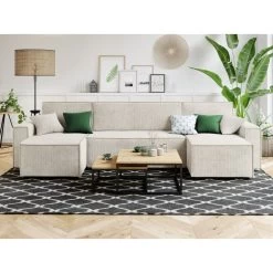 Canapé Panoramique MIRA Convertible Velours Côtelé Beige 6 Places