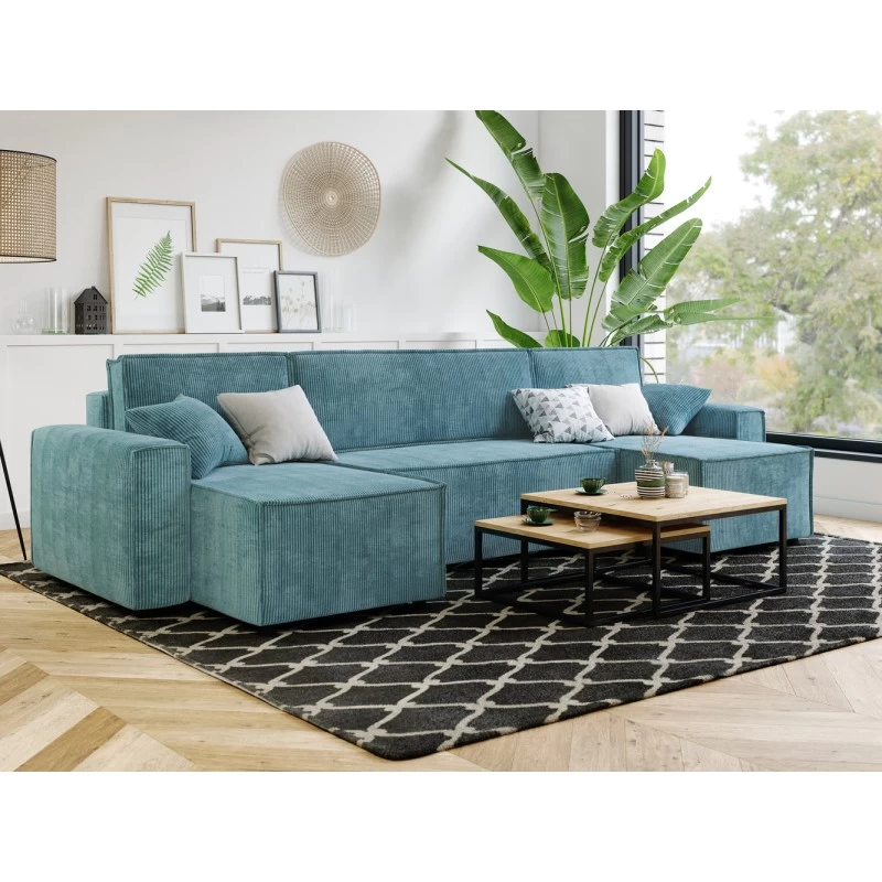 Canapé Panoramique MIRA Convertible Velours Côtelé Bleu 6 Places 7 Canapé Panoramique MIRA Convertible Velours Côtelé Bleu 6 Places – Image 7