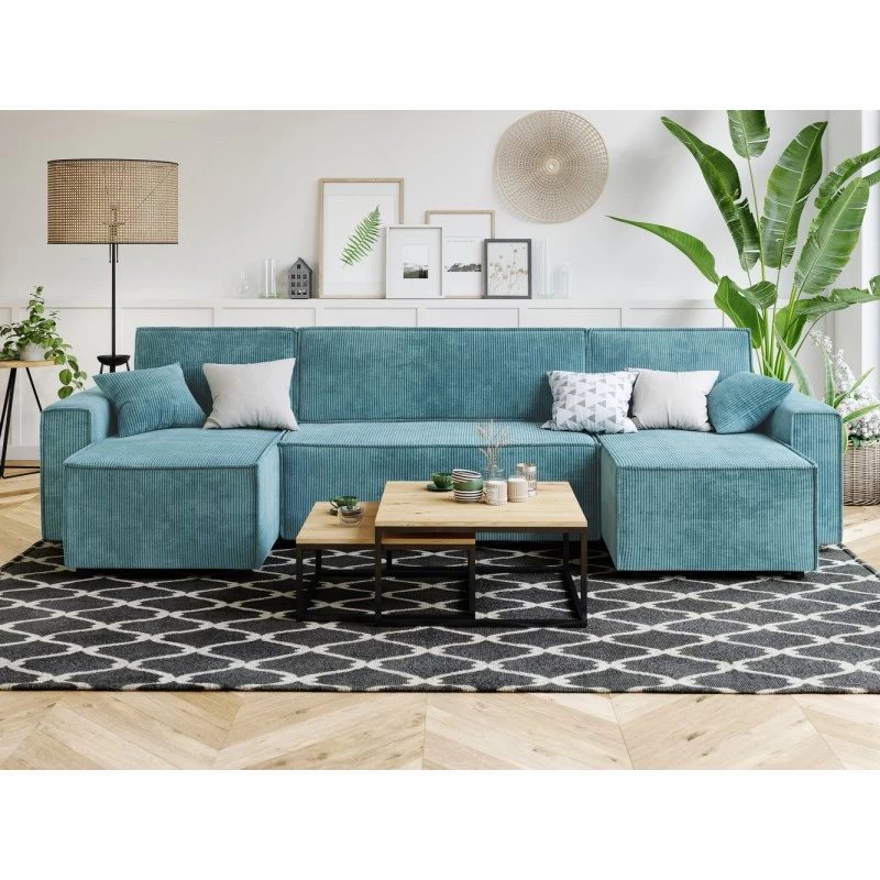 Canapé Panoramique MIRA Convertible Velours Côtelé Bleu 6 Places 1 Canapé Panoramique MIRA Convertible Velours Côtelé Bleu 6 Places